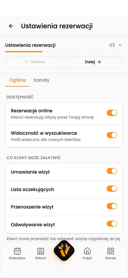 Sekcja „Dostępność” z przełącznikami „Rezerwacje online” i „Widoczność w wyszukiwarce”.