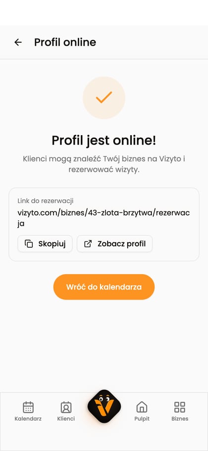 Opublikowany profil Złotej Brzytwy z linkiem do rezerwacji i przyciskami „Skopiuj” oraz „Zobacz profil”.