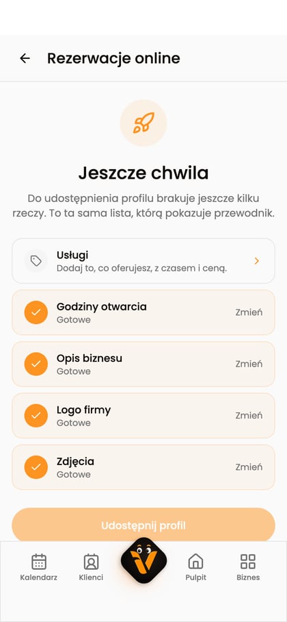Ekran „Rezerwacje online” z listą elementów wymaganych do publikacji profilu.