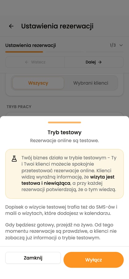 Okno Tryb testowy z informacją o rezerwacjach testowych i przyciskami Zamknij oraz Wyłącz.