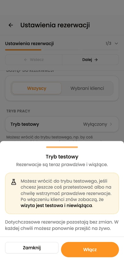 Okno „Tryb testowy” z informacją o powrocie do testów i przyciskiem „Włącz”.