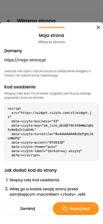 Szczegóły integracji „Moja strona” z sekcją „Kod osadzenia” i przyciskiem „Kopiuj kod”.