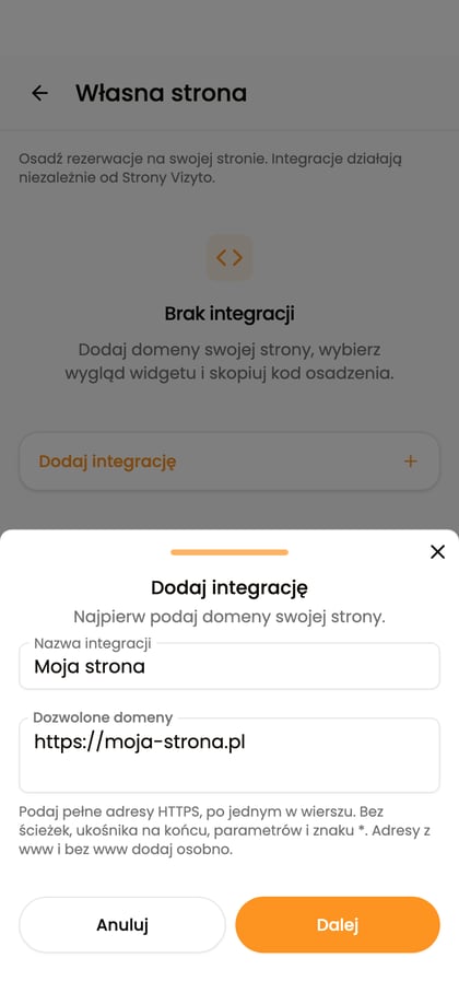 Formularz „Dodaj integrację” z polami „Nazwa integracji” i „Dozwolone domeny”.