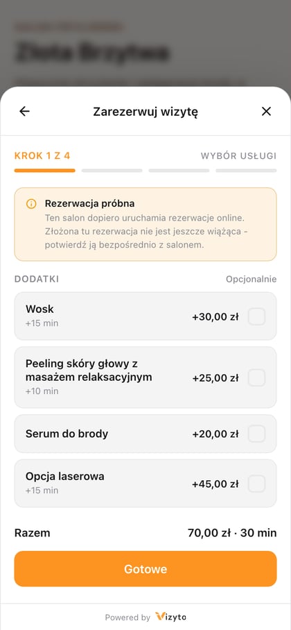 Otwarty widget Vizyto na przykładowej stronie Złotej Brzytwy.