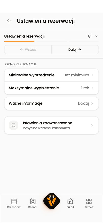 Sekcja Okno rezerwacji z minimalnym i maksymalnym wyprzedzeniem oraz ważnymi informacjami.