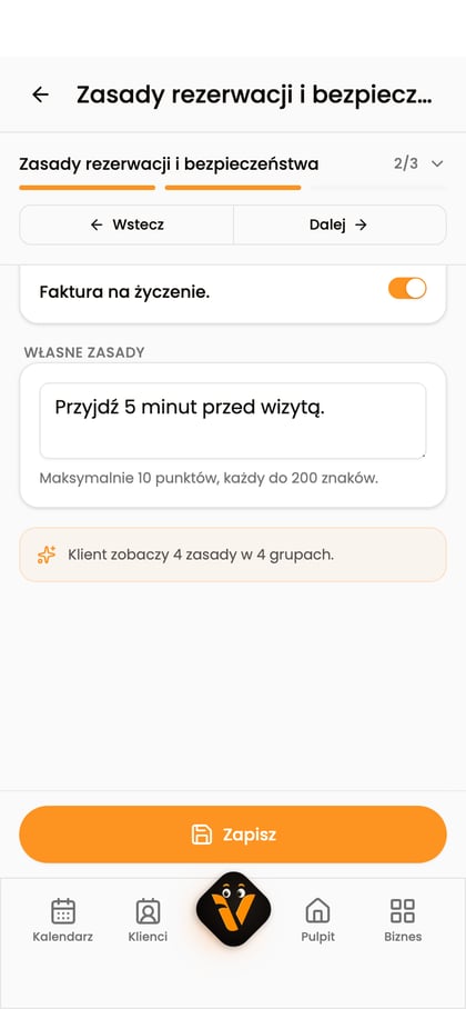 Ekran „Zasady rezerwacji i bezpieczeństwa” z włączoną zasadą „Faktura na życzenie” i sekcją „Własne zasady”.