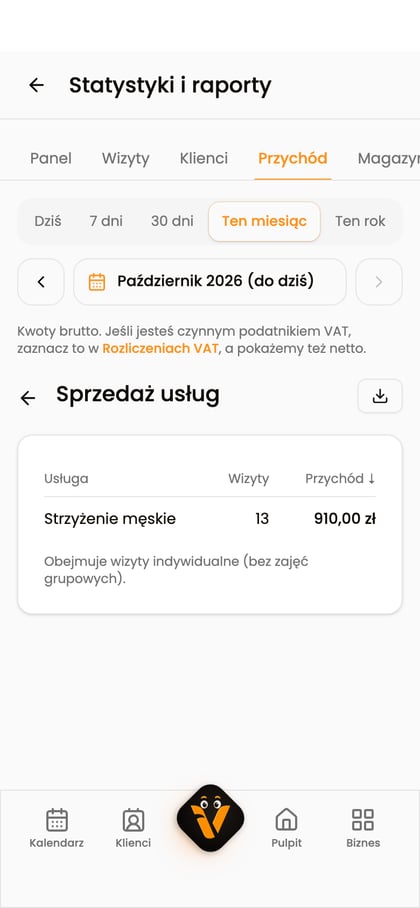Raport „Sprzedaż usług” na telefonie z przyciskiem pobierania danych CSV.