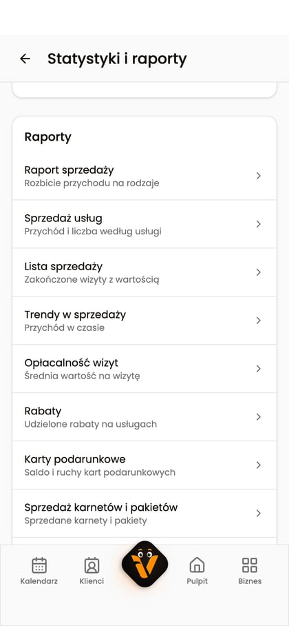 Lista raportów przychodu z pozycjami „Raport sprzedaży”, „Sprzedaż usług” i „Lista sprzedaży”.