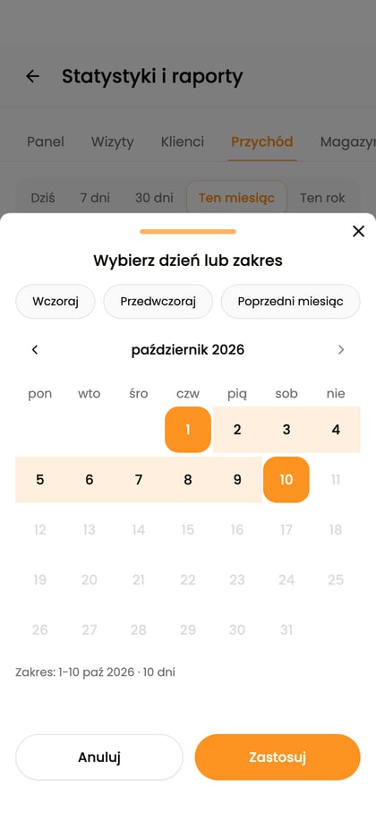 Panel „Wybierz dzień lub zakres” z kalendarzem, skrótami okresu i przyciskiem „Zastosuj”.