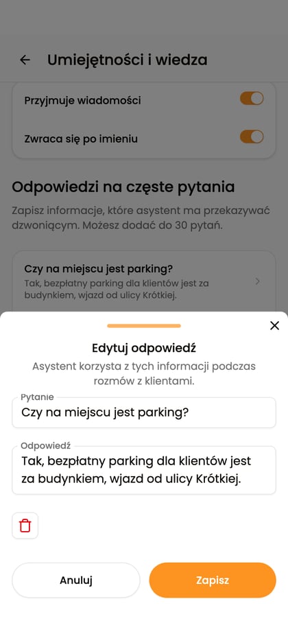 Formularz „Edytuj odpowiedź” z uzupełnionymi polami, przyciskiem „Zapisz” i ikoną kosza.