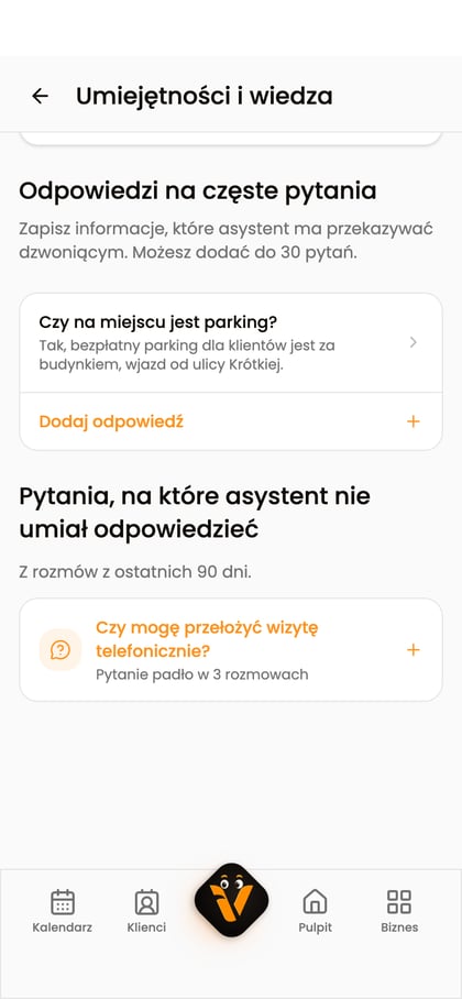 Sekcja „Odpowiedzi na częste pytania” z zapisaną odpowiedzią i przyciskiem „Dodaj odpowiedź”.
