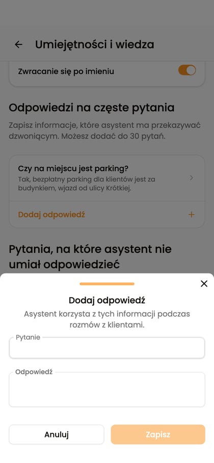 Formularz Dodaj odpowiedź z polami Pytanie i Odpowiedź oraz przyciskami Anuluj i Zapisz.