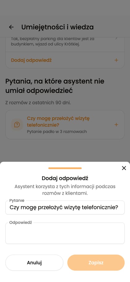 Formularz „Dodaj odpowiedź” z pytaniem z rozmów wpisanym w polu „Pytanie”.