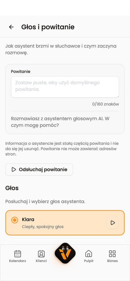 Sekcja Głos i powitanie z polem Powitanie, stałą informacją o asystencie i przyciskiem Odsłuchaj powitanie.