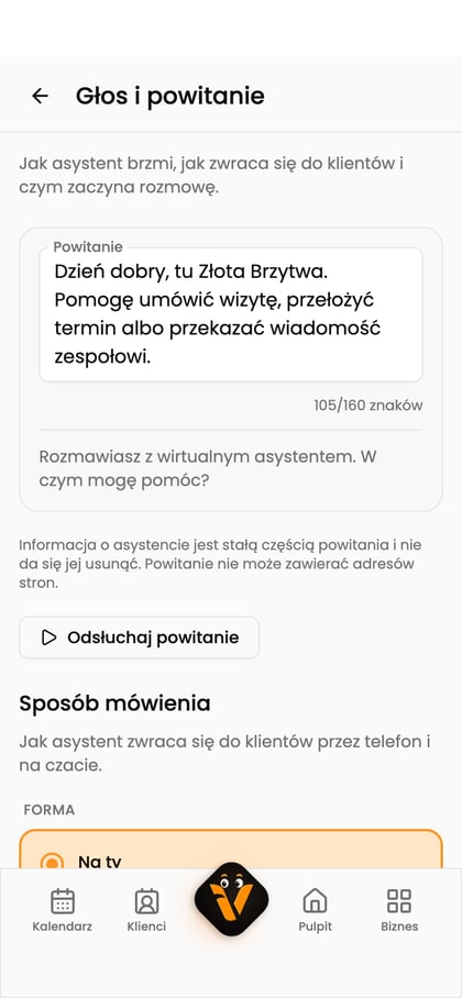 Pole „Powitanie” z wpisanym tekstem oraz stała informacja o asystencie.