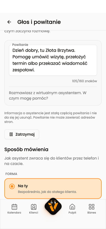 Przycisk „Zatrzymaj” podczas odsłuchiwania zapisanego powitania.