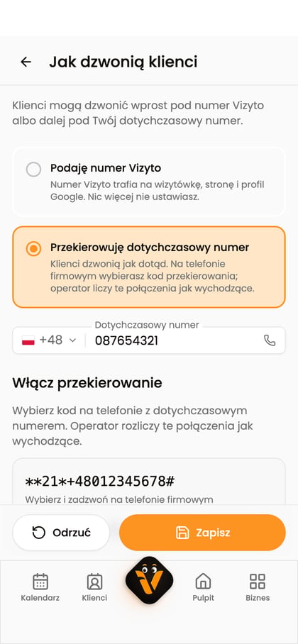 Ekran „Jak dzwonią klienci” z opcjami numeru Vizyto i przekierowania oraz polem „Dotychczasowy numer”.