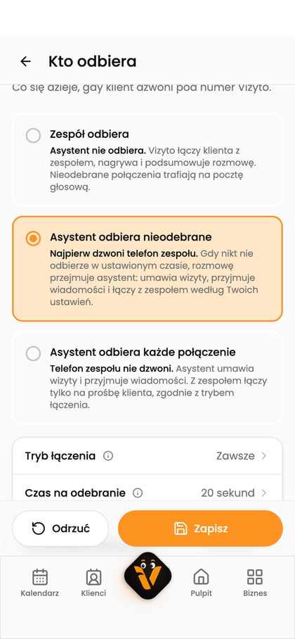Ekran „Kto odbiera” z trzema sposobami obsługi połączeń.