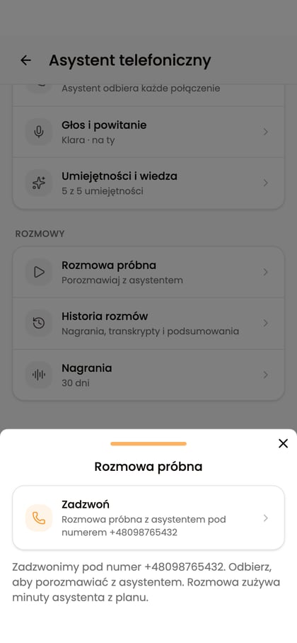 Okno „Rozmowa próbna” z fikcyjnym numerem zespołu i przyciskiem „Zadzwoń”.