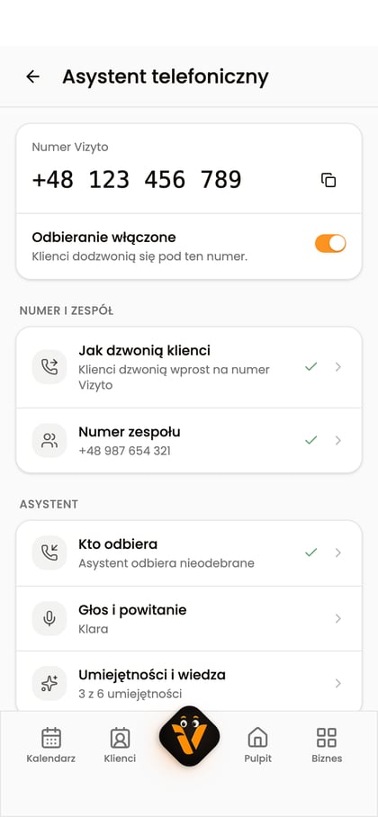 Ustawienia asystenta telefonicznego z informacją o numerze Vizyto, przełącznikiem odbierania i sekcjami konfiguracji.