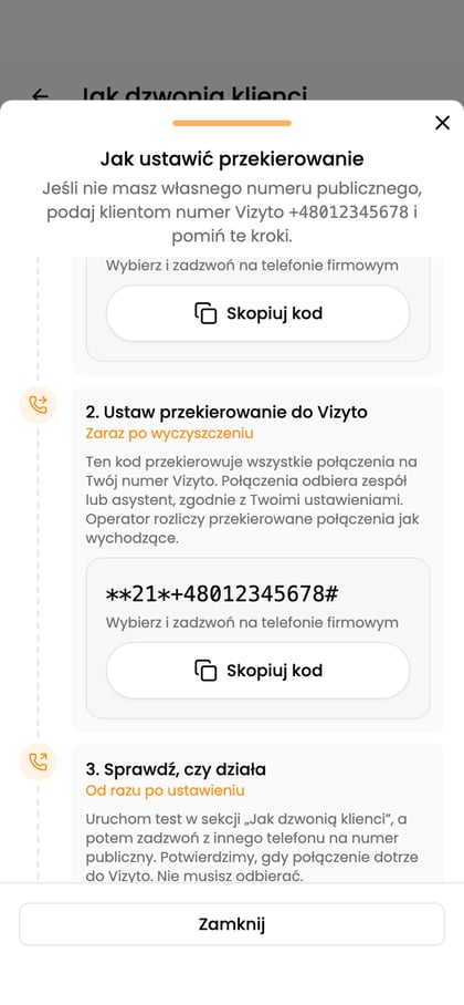 Krok „Ustaw przekierowanie do Vizyto” z fikcyjnym kodem i przyciskiem „Skopiuj kod”.