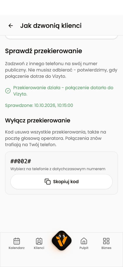 Sekcja „Sprawdź przekierowanie” z komunikatem o dotarciu połączenia do Vizyto.