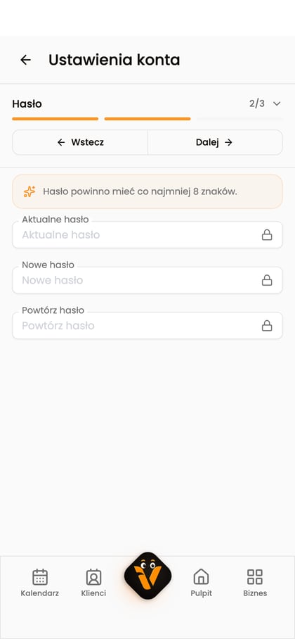 Puste pola aktualnego hasła, nowego hasła i jego powtórzenia.