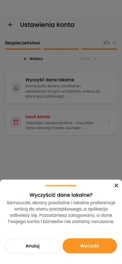 Potwierdzenie wyczyszczenia danych lokalnych na urządzeniu.