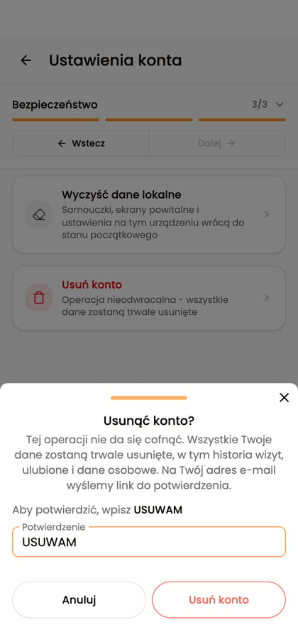Potwierdzenie usunięcia konta z wpisanym słowem „USUWAM”.