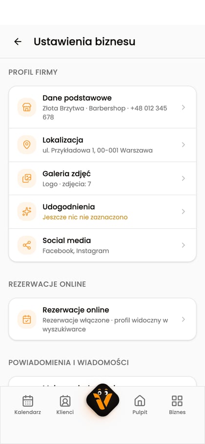 Przegląd ustawień biznesu z sekcjami „Dane podstawowe”, „Lokalizacja”, „Galeria zdjęć”, „Social media” i „Udogodnienia”.