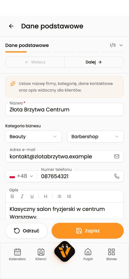 Sekcja „Dane podstawowe” biznesu z niezapisaną zmianą i przyciskiem „Zapisz”.