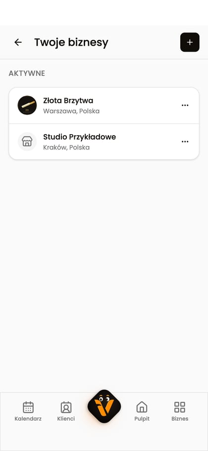 Ekran Twoje biznesy z dwoma aktywnymi biznesami na liście.