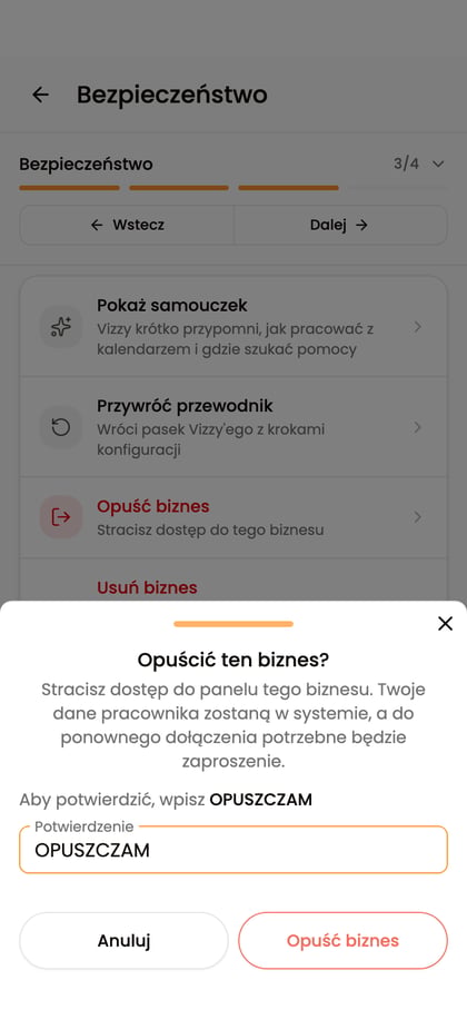 Potwierdzenie opuszczenia biznesu z wpisanym słowem „OPUSZCZAM”.