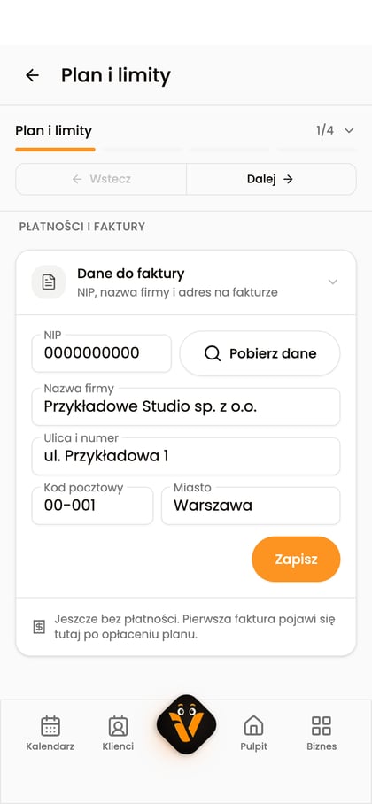 Formularz danych do faktury z fikcyjną wartością w polu „NIP”, nazwą firmy i adresem.