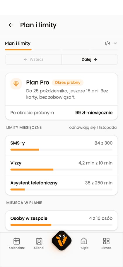 Plan biznesu i sekcja limitów miesięcznych.