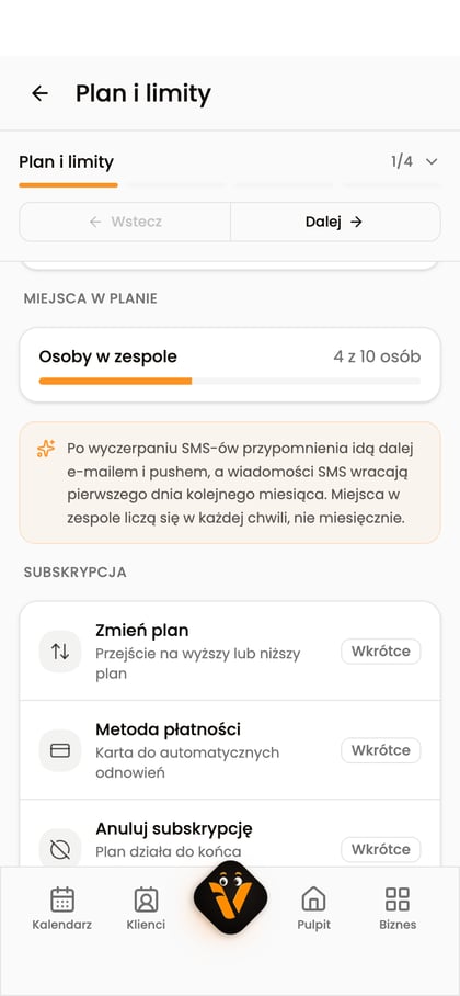 Sekcja „Subskrypcja” z opcjami zmiany planu oznaczonymi „Wkrótce”.