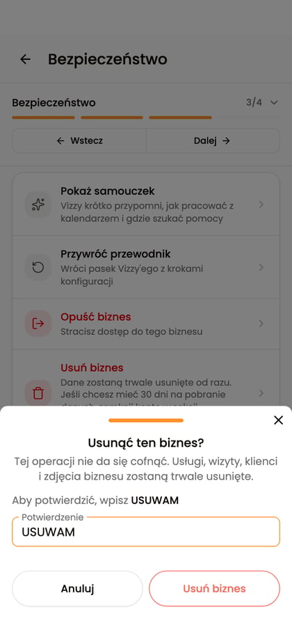 Potwierdzenie usunięcia biznesu z wpisanym słowem „USUWAM”.