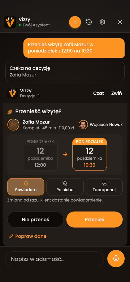 Panel „Decyzje” z pytaniem „Przenieść wizytę?”, zmianą terminu oraz kaflami „Powiadom”, „Po cichu” i „Zaproponuj”.