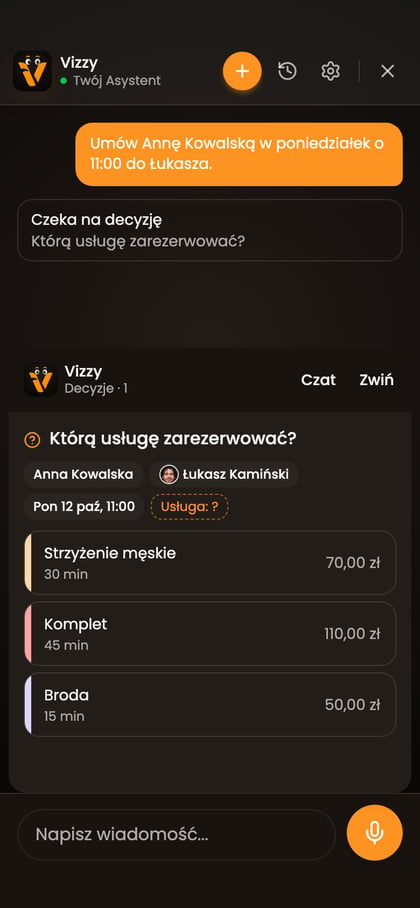 Pytanie Vizziego „Którą usługę zarezerwować?” dla Anny Kowalskiej o 11:00 u Łukasza Kamińskiego oraz kafle „Strzyżenie męskie”, „Komplet” i „Broda”.