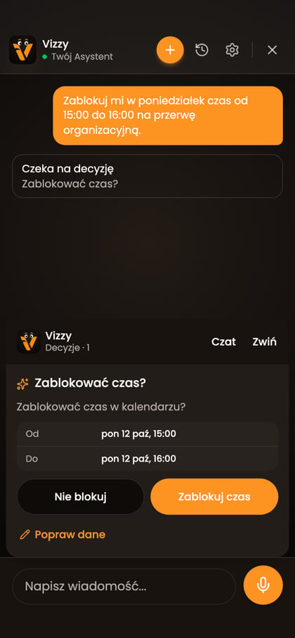 Panel Decyzje z pytaniem o blokadę czasu, danymi, Popraw dane oraz przyciskami Nie blokuj i Zablokuj czas.