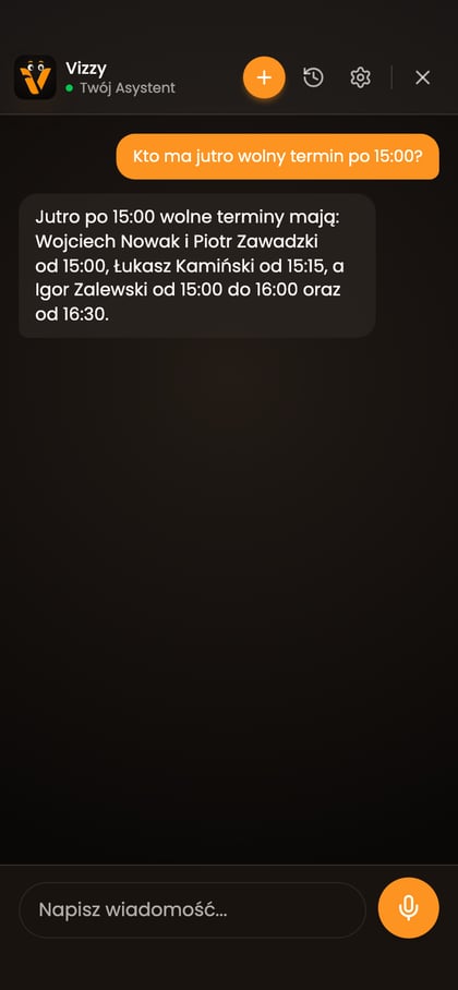 Rozmowa z Vizzym z pytaniem o wolny termin po 15:00 i odpowiedzią zgodną z grafikiem zespołu.