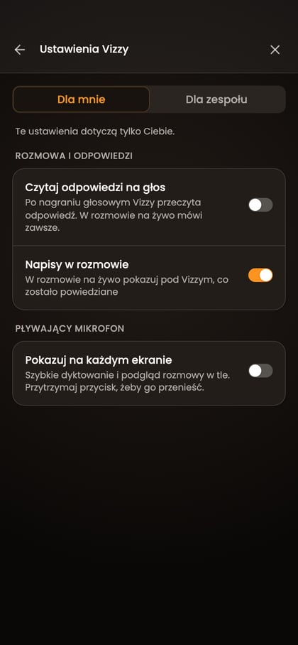 Ustawienia Vizzy w zakładce „Dla mnie” z sekcjami „Rozmowa i odpowiedzi” oraz „Pływający mikrofon”.