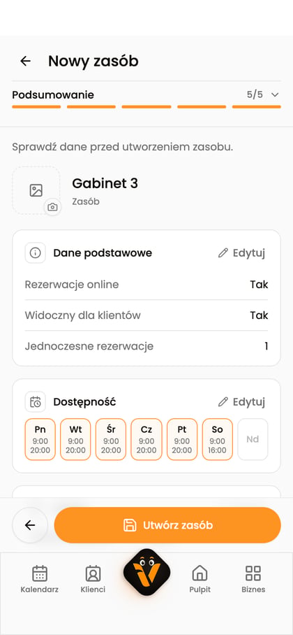 Podsumowanie zasobu „Gabinet 3” z dostępnością, usługami i przyciskiem „Utwórz zasób”.