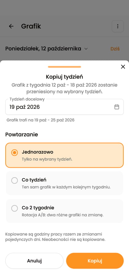 Formularz „Kopiuj tydzień” z tygodniem docelowym, powtarzaniem i przyciskiem „Kopiuj”.