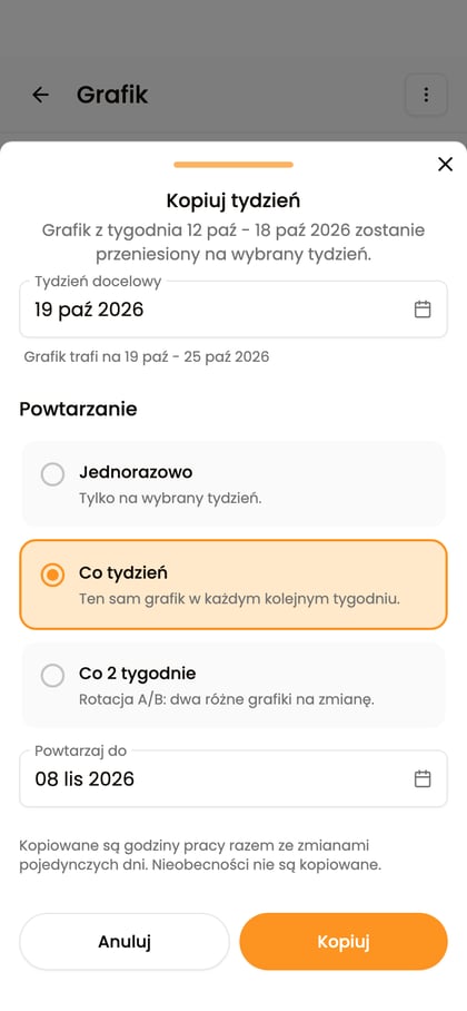 Kopiowanie tygodnia z wybraną opcją „Co tydzień” i datą „Powtarzaj do”.