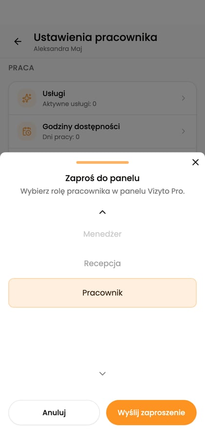 Wybór roli przed wysłaniem zaproszenia do Aleksandry Maj.